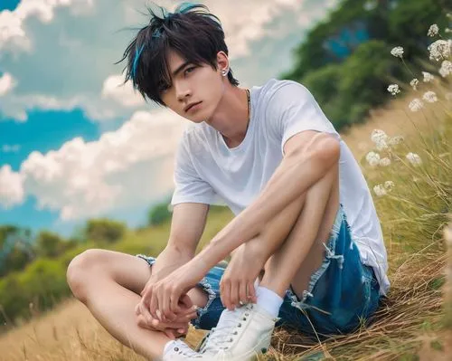 in the tall grass,kai,sits on away,ten,boy model,cross legged,anime boy,ren,tan chen chen,barefoot,manly,handsome model,on the grass,trembling grass,jin deui,foot model,ziu,summer sky,male elf,handsome,Illustration,Realistic Fantasy,Realistic Fantasy 37