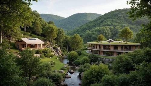 Sweeping hills, lush green forests, meandering streams, rustic stone walls, modern minimalist architecture, curved lines, blended boundaries, natural ventilation systems, solar-powered lighting, recla