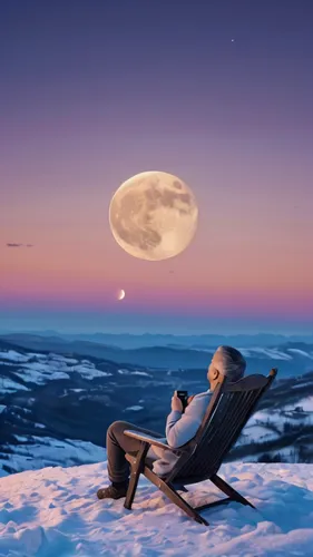 sleeper chair,self hypnosis,moon seeing ice,dreaming,tranquility base,chair png,bean bag chair,chair in field,man on a bench,digital compositing,photo manipulation,fantasy picture,world digital painting,herfstanemoon,dream world,winter background,psychotherapy,moon and star background,skywatch,moonlit night,Photography,General,Commercial