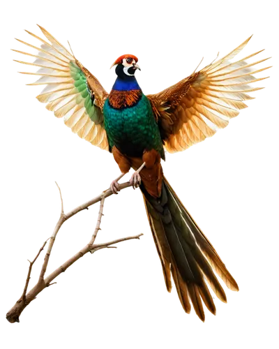 pheasant, solo, colorful plumage, iridescent feathers, green head, red face, golden neck, brown back, wings spread wide, perched on branch, morning sunlight, soft focus, 3/4 composition, shallow depth