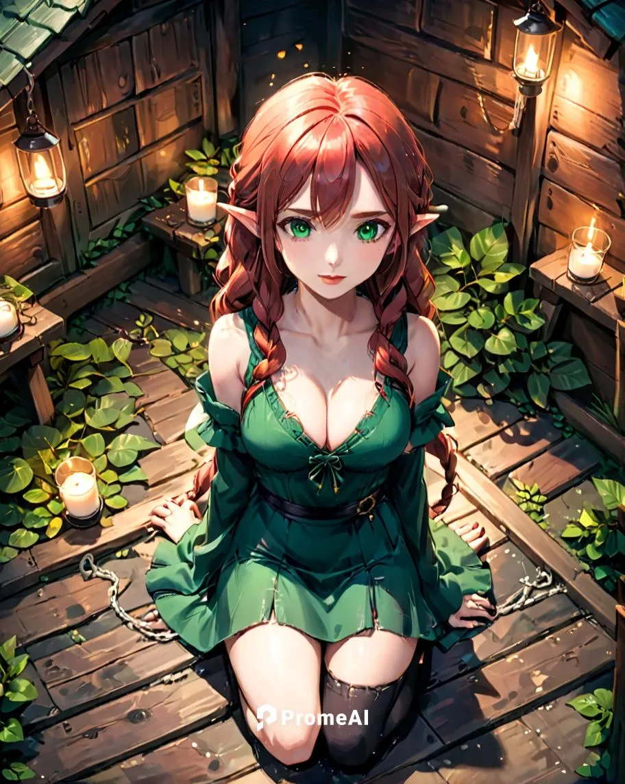 adult female elf kneeling on the floor of a wooden hut at night. hands tied with rope
pointy ears
viewed from above.

tall, long legs.  perfect face, very large breasts wide hips, small waist
very lon