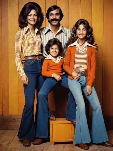 1970s family, vintage, warm colors, wooden background, golden frame, father, mother, two kids (boy & girl), smiling faces, casual wear, flared pants, bell-bottom jeans, striped shirts, big collars, bo