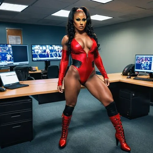 shasha banks,oscuro, Divas, lucha, Víspera de Todos los Santos, sexy, guerrera, lucha, WWE,a lady with big  and extremely large  posing in an office,super heroine,superheroine,super woman,wonderwoman,