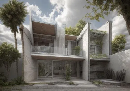 Generar imagen hiperrealista de una casa de arquitectura minimalista, usando muros blancos,color gris, personas, ventanas de cristal, barandal de cristal.,modern house,3d rendering,revit,sketchup,resi