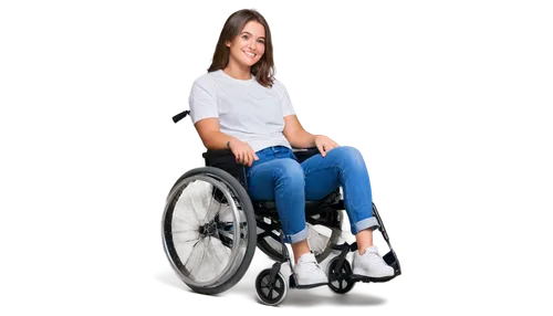 wheelchair, disabled person, smiling face, gentle eyes, messy brown hair, casual wear, jeans, white shirt, sporty shoes, dynamic pose, leaning forward, strong arms, joyful expression, soft focus, warm