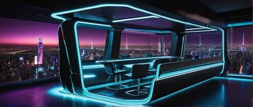 Modern futuristic booth, sleek metal frame, LED strip lights, glass walls, minimalist interior, leather seats, high-tech gadgets, futuristic dashboard, holographic display, cityscape background, neon 