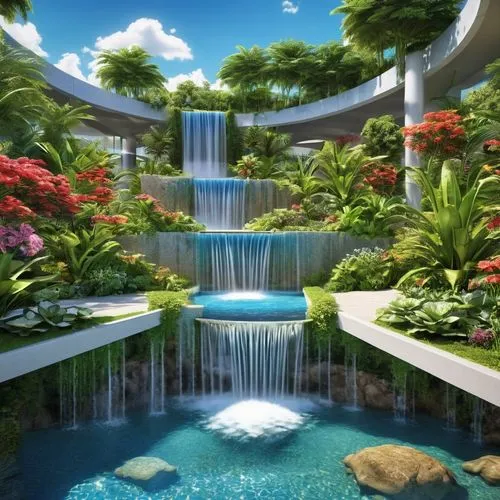 underwater oasis,tropical house,diamond lagoon,oasis,nature wallpaper,waterfall,paradisus,fountain pond,nature background,water feature,flower water,water fall,paradis,3d background,green waterfall,landscape background,aqua studio,nature garden,futuristic landscape,cascade,Photography,General,Realistic
