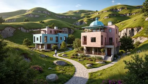 ecotopia,lazytown,escher village,alpine village,cubic house,dreamhouse,aurora village,mountain settlement,citadels,ecovillages,home landscape,3d render,sylvania,skylands,terraformed,elves country,cube stilt houses,futuristic landscape,graecorum,fantasy city