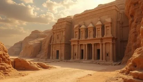 Ancient monument, desert landscape, sandy terrain, detailed stone carvings, intricate hieroglyphics, massive stone blocks, sandstone walls, weathered surface, rough texture, monumental architecture, g