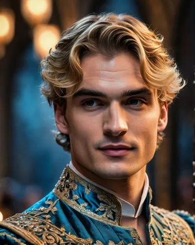 Give me the male version of Cinderella, blonde man, elegant and magic style. Male how looks like Lily James ,ulusoy,odair,agron,farnaby,meriadoc,seregil,hilarion,dragomir,findel,shannara,bertold,loras