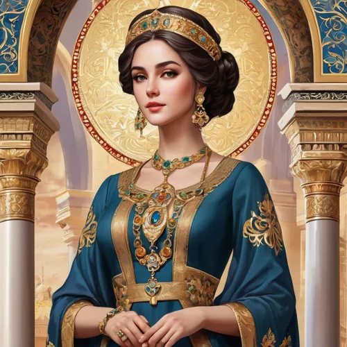 Develop historical female avatar with period costumes, intricate jewelry, and ancient backdrops. Design a nostalgic atmosphere for a classic and vintage look.,cleopatra,the prophet mary,cepora judith,