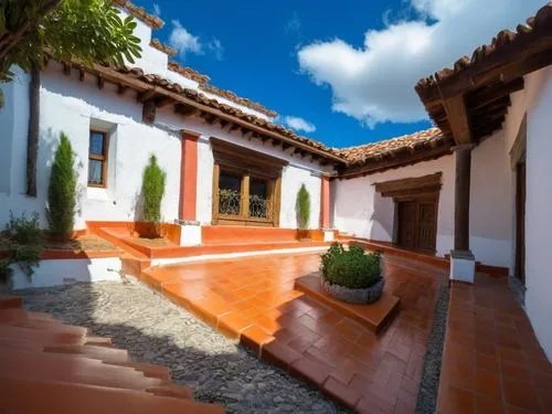 DISEÑO DE UNA CASA ESTILO MEXICANO MODERNO, CON UN CLAUSTRO CONFORMADO POR UNA TERRAZA  A BASE DE VIGAS DE MADERA, TEJA, COLUMNAS REDONDAS, EN EL CENTRO UN ESPEJO DE AGUA, CON EL ESTILO DE LA ARQUITEC