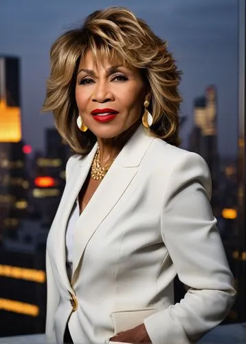 Tina Turner, mature lady, solo, (40yo), elegant detailed hair, bold red lips, golden earrings, white shirt, black blazer, formal pantsuit, high heels, standing, architectural digest magazine cover, mo