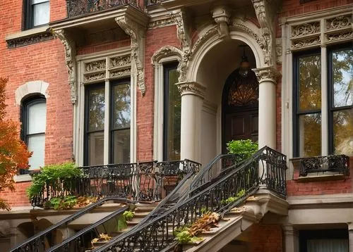 Brownstone Brooklyn architecture, grand historic mansion, ornate facade, intricately carved stonework, large windows, Juliet balcony, decorative ironwork, greenery overflowing from window boxes, detai