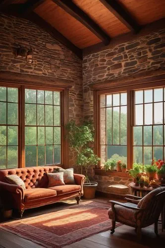 sunroom,sitting room,wooden beams,wooden windows,the cabin in the mountains,rustic aesthetic,family room,home interior,beautiful home,living room,livingroom,fireplaces,rustic,great room,wood window,country cottage,home landscape,interiors,interior decor,window frames,Illustration,Retro,Retro 11