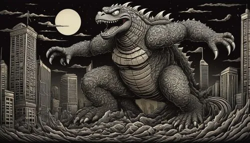 godzilla,king kong,dragon of earth,wyrm,cool woodblock images,kong,saurian,reptilia,doomsday,sci fiction illustration,chinese dragon,sea monsters,reptilian,drago milenario,drexel,fire breathing dragon,giant lizard,crocodile woman,supernatural creature,basilisk,Illustration,Realistic Fantasy,Realistic Fantasy 45