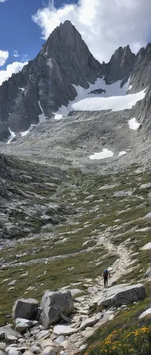 A backpacker hiking into Titcomb Basin in the Wind River Range, Wyoming.,alpine meadow,alpine crossing,alpine meadows,salt meadow landscape,gorner glacier,grosser aletsch glacier,july pass,alpine rout