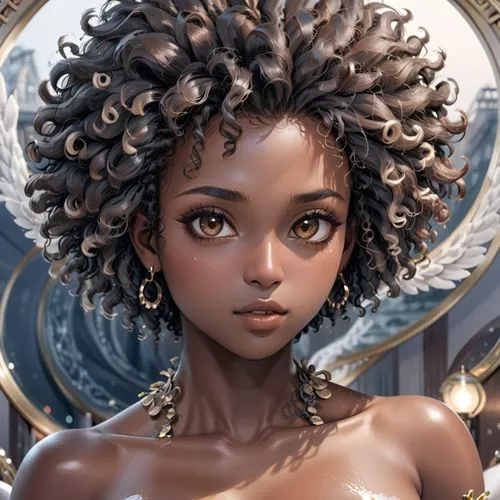 sexy, dark skin, big boobs, Khoudia Diop, big kinky afro hair, nude, inside hotel rool, angel's breath decoration on hair,brown eyes, very dark skin,an artistic painting of a woman with curly hair and