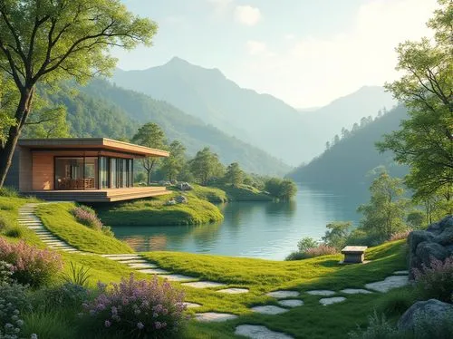 home landscape,house with lake,summer cottage,house in mountains,house in the mountains,house by the water,landscape background,beautiful home,the cabin in the mountains,green landscape,idyllic,fantasy landscape,alpine landscape,seclude,cottage,world digital painting,beautiful landscape,nature landscape,meadow landscape,dreamhouse,Photography,General,Realistic