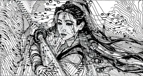 comic halftone woman,saraswati veena,yi sun sin,radha,crocodile woman,bansuri,cool woodblock images,woodcut,bamboo flute,mono-line line art,amano,geisha girl,violin woman,woman of straw,comic halftone