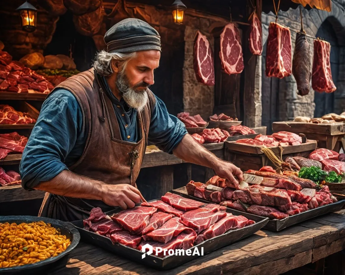 Medieval meat vendor at the marketplace,medieval market,butcher shop,meat counter,market stall,meat carving,vendor,meat products,castle iron market,dwarf cookin,stalls,western food,cured meat,east-eur