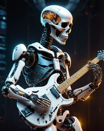 Robot con forma de esqueleto tocando una guitarra eléctrica
,endoskeleton,vintage skeleton,guitar player,skeletonized,skelemani,guitar head,skeletal,cybernetic,fortus,skelly,cyberdyne,musician,guitari