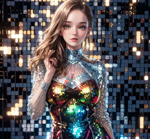 anna delvery , metallic dress, giant disco ball behind her,a woman posing in front of a wall,disco,swarovski,valerian,zenonas,panabaker,haixia,Anime,Anime,General