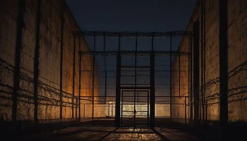 Imposing fortress-like prison building, brutalist architecture style, grey concrete walls, steel bars, narrow windows, solitary confinement cell, rusty metal door, cold fluorescent lighting, dimly lit