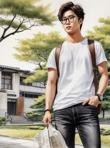 Young male, bachelor of arts in architecture, 20-25 years old, trendy hairstyle, black framed glasses, casual wear, denim jeans, white graphic t-shirt, brown leather belt, sneakers, holding a large po