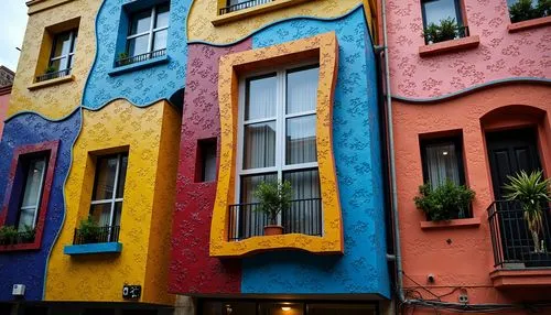 colorful facade,hundertwasser,facade painting,french quarters,painted block wall,rowhouse,hanging houses,guanajuato,colorful city,facades,beyoglu,chueca,martre,row houses,new orleans,house painting,barcellona,tlaquepaque,rowhouses,neworleans