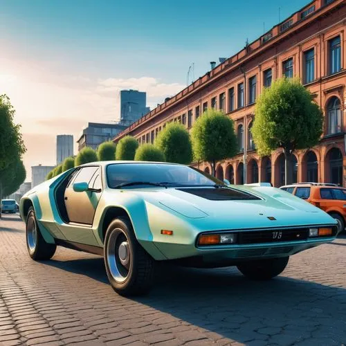 A 1990s car  a futuristic design for an urban contex an alien planet.,a white, green and blue sports car sits in front of brown buildings,giugiaro,bricklin,lamborghini diablo,countach,stratos,balboni,