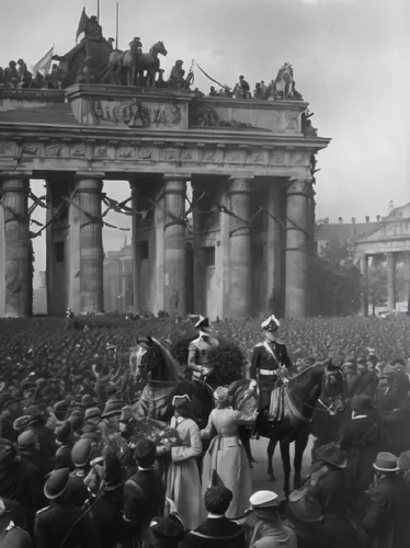 several people are gathered in front of a building, some sitting on horses,reichsdeputationshauptschluss,reichstag,brandenburg gate,anschluss,brand front of the brandenburg gate,berlinecke