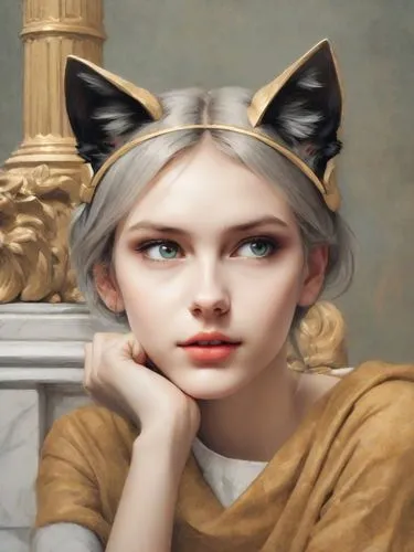 a girl with a cat ears sits on a bench next to a man,this is a painting of a woman with grey hair wearing a costume,khnopff,feline look,fornasetti,catterson,cat look,feline,Digital Art,Classicism