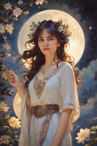 portrait of a girl with dark brown hair in the painting style of Alphonse Mucha, starry night, moon, flowers.,moonflower,moonstruck,moonchild,persephone,moon phase,ostara,faerie,diwata,imbolc,moonlit,