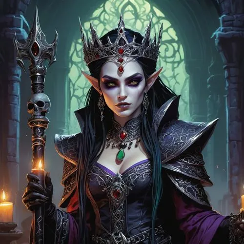 dark elf,sorceror,shadrake,morwen,necromancer,sorceress,taleyarkhan,hela,sorceresses,yavana,rivara,nissa,velika,vaivara,abaddon,vladislaus,mordenkainen,the enchantress,elona,fantasy portrait,Illustration,Vector,Vector 03