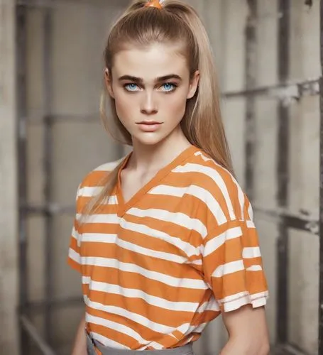 chainlink,girl in t-shirt,orange,orange color,striped background,polo shirt,greta oto,horizontal stripes,female model,blond girl,cotton top,liberty cotton,ragdoll,bright orange,orange half,orange eyes,fashion shoot,model beauty,model doll,young model istanbul,Photography,Natural