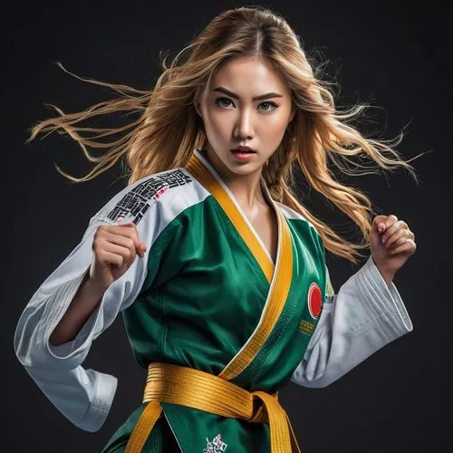 realistic beautiful girl, oval face shape, gold long hair, s-shape eyebrow, wide set eyes, green eyes, heavy lower  lips, triangle body shape, (full body show), masterpiece., wearing Taekwondo suit, o