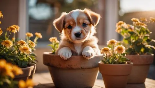 golden retriever puppy,cute puppy,golden retriver,flowerpot,flower pot,golden retriever,Photography,General,Cinematic