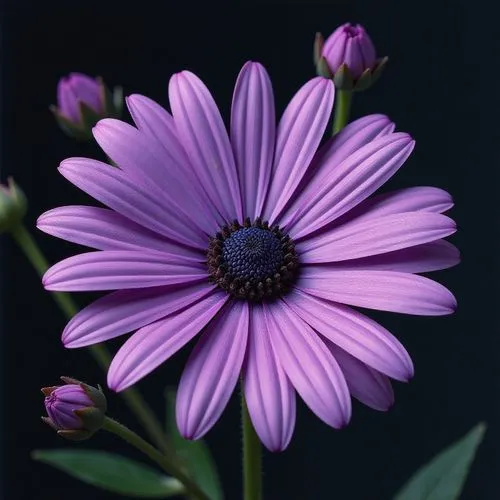 The image features a close-up of a single purple daisy against a dark, blurred background. The daisy's petals are a vibrant purple hue with slight variations in tint, radiating symmetrically from a da