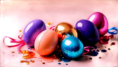 Colored Easter eggs, multiple eggs, decorated with flowers, glitter, ribbons, shiny surface, pastel colors, soft focus, 3/4 composition, warm lighting, shallow depth of field, festive atmosphere, HD t