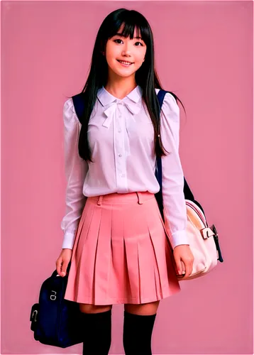 Japanese girl, cute face, bright smile, brown eyes, long black hair, straight bangs, white blouse, pleated skirt, knee-high socks, Mary Jane shoes, holding a school bag, standing, kawaii, pastel color