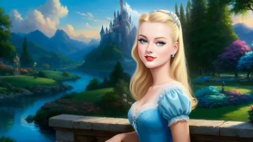 Romantic masterpiece oil painting, cute girl portrait, nostalgic 1950's style kitsch, breathtaking beautiful Disney kingdom landscape, majestic fantasy scenery, evening lighting, highly detailed highr