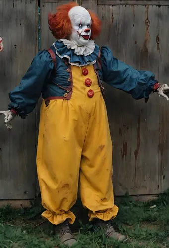 a scary clown is standing against a fence,pennywise,horror clown,scary clown,it,klowns,creepy clown