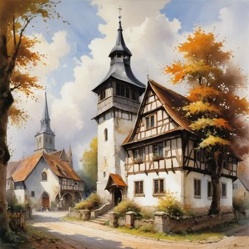 half-timbered house,church painting,half-timbered houses,wooden church,autumn landscape,escher village,half-timbered,autumn idyll,medieval architecture,medieval town,knight village,autumn scenery,northern germany,münsterland,fortified church,alsace,bavarian swabia,autumn day,autumn morning,ulm,Conceptual Art,Oil color,Oil Color 03