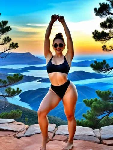 a woman in a bikini posing on a rocky mountain,yogini,yoga,padmasana,thongsuk,yoga pose,asanas