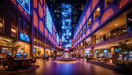 Vibrant neon lights, futuristic facade, curved glass surfaces, metallic accents, dynamic LED displays, bustling nightlife atmosphere, luxurious high-rise casino, intricate latticework patterns, ornate