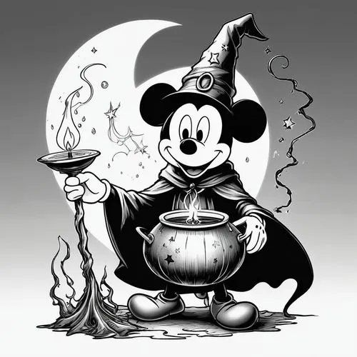 candy cauldron,witch,mickey mause,cauldron,magica,magick,Illustration,Black and White,Black and White 08