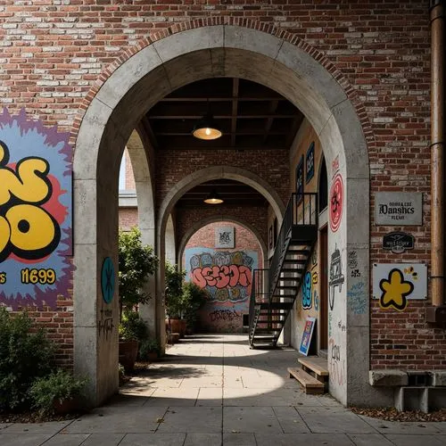 Rustic brick walls, distressed concrete textures, ornate metalwork, vibrant graffiti murals, eclectic mix of materials, irregular shapes, bold color blocks, fragmented forms, playful juxtapositions, w