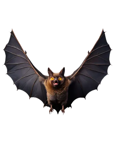 Dark brown bat, wings spread wide, flying pose, detailed fur texture, glowing yellow eyes, tiny nose, fangs visible, black background, high contrast lighting, dramatic composition, shallow depth of fi