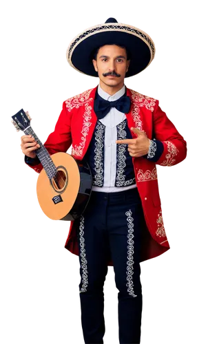 Mariachi musician, Mexican traditional outfit, charro suit, sombrero hat, mustache, holding guitar, solo, standing, dynamic pose, vibrant colors, festive atmosphere, soft focus background, warm lighti